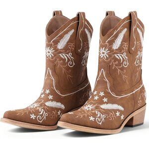 Women's Brown Cowboy Exquisitely Embroidered Western-Style Mid-Heel Boots